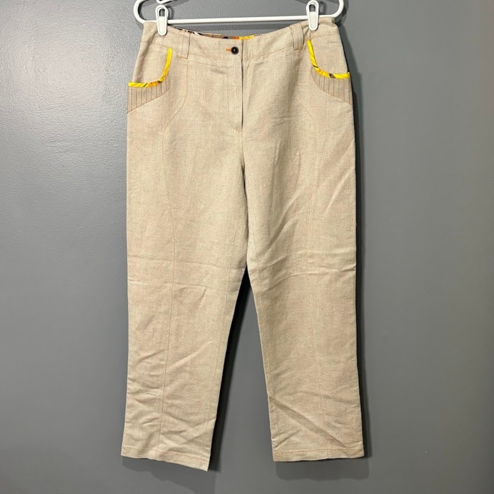 Harve Benard Pants Women 12P Beige Linen Rayon Straight Leg Coastal Classic New